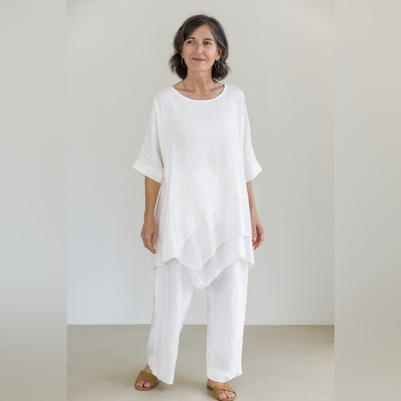 F2 San Gimignano Tops - San Gimignano White Linen Silk Blend Asymmetric Hem Tunic Lagenlook Top One Size
